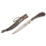 A mid 20th Century champleve enamelled paper knife in the form of a dagger and scabbard