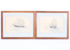 Two Marinus Johannes Drulman (de Jongere) (Dutch 1912-1977) charcoal and pastel drawings of ships