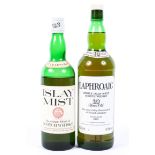 Islay Mist 8 year old whisky, c.1970's. 40% vol, with a bottle of Laphroaig single islay malt whisky