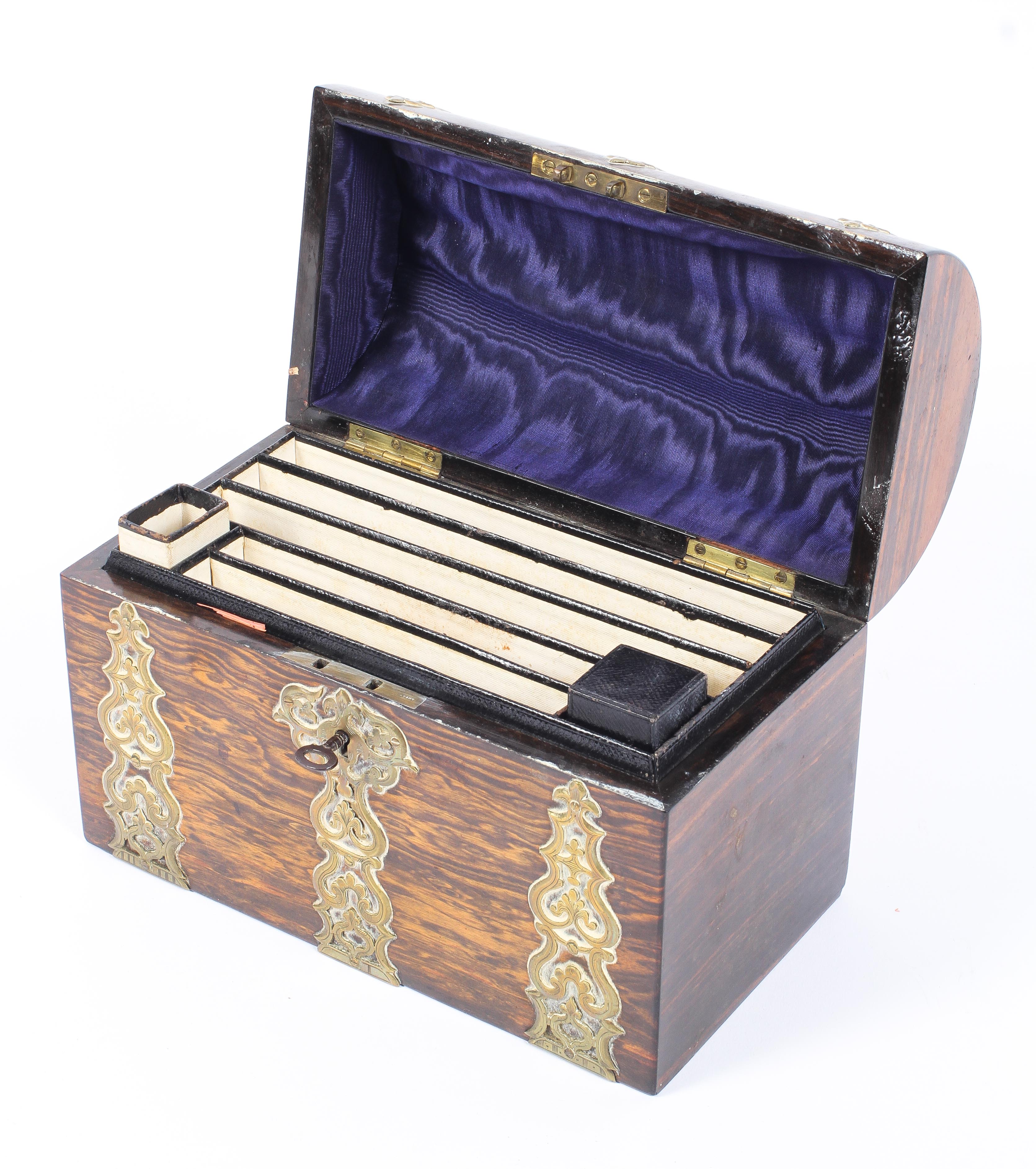 A Victorian brass bound coromandel domed stationary box, with pierced brass handle, - Image 2 of 2