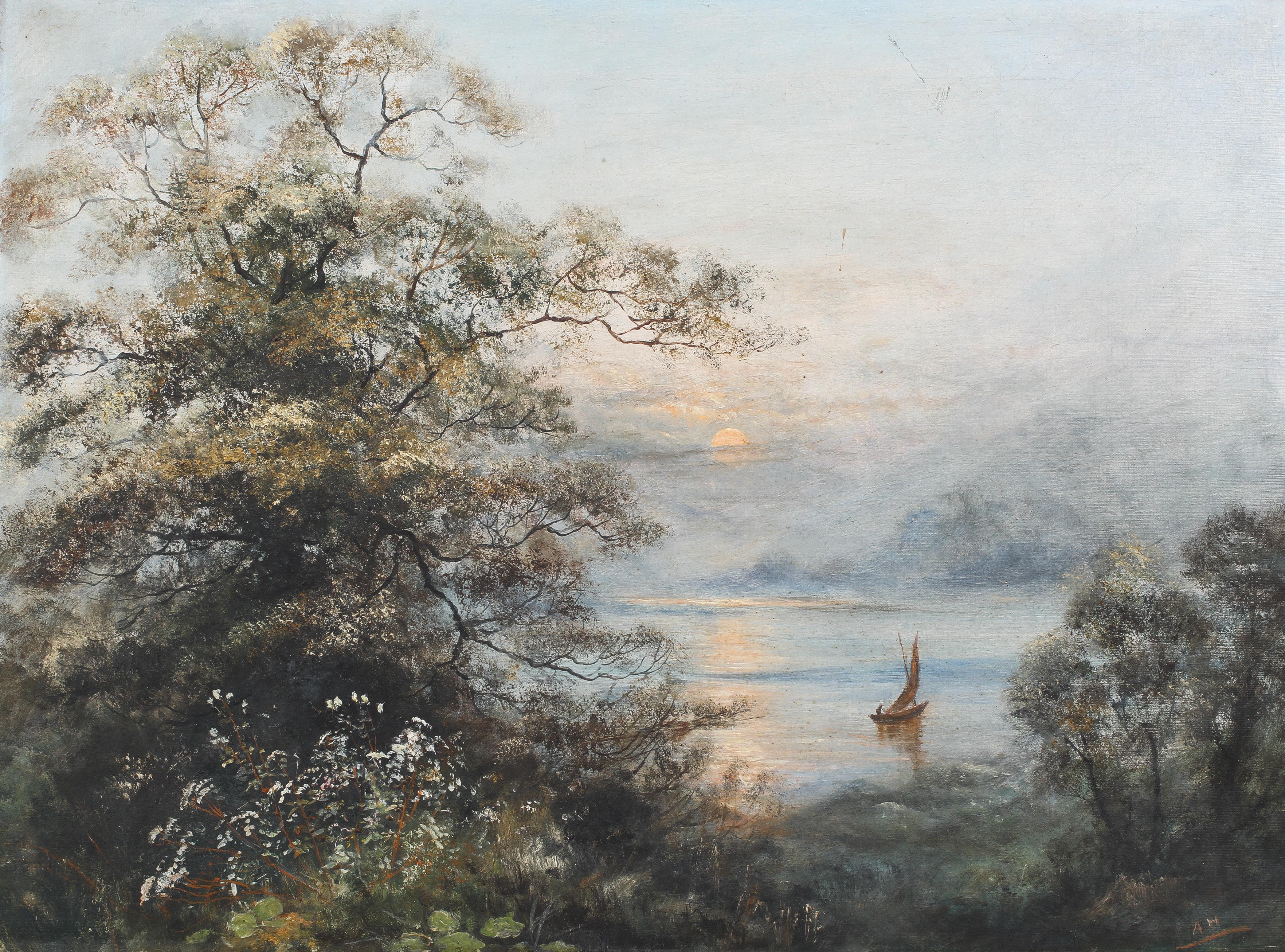 A 20th century oil on canvas, depicting a boat in a forested coastal scene,