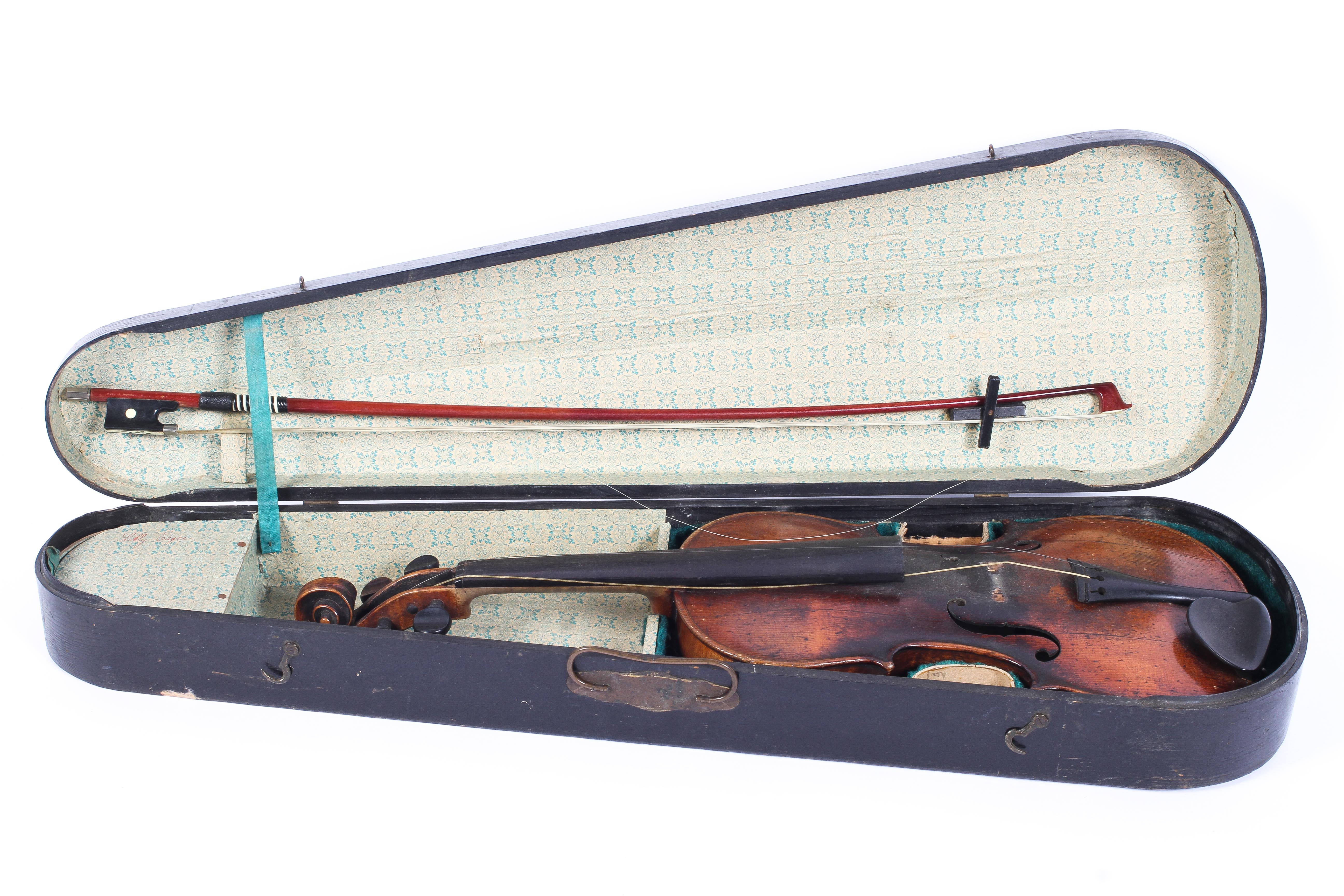 A 19th century violin and a P & H London bow, in case,