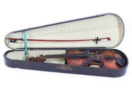 A 19th century violin and a P & H London bow, in case,