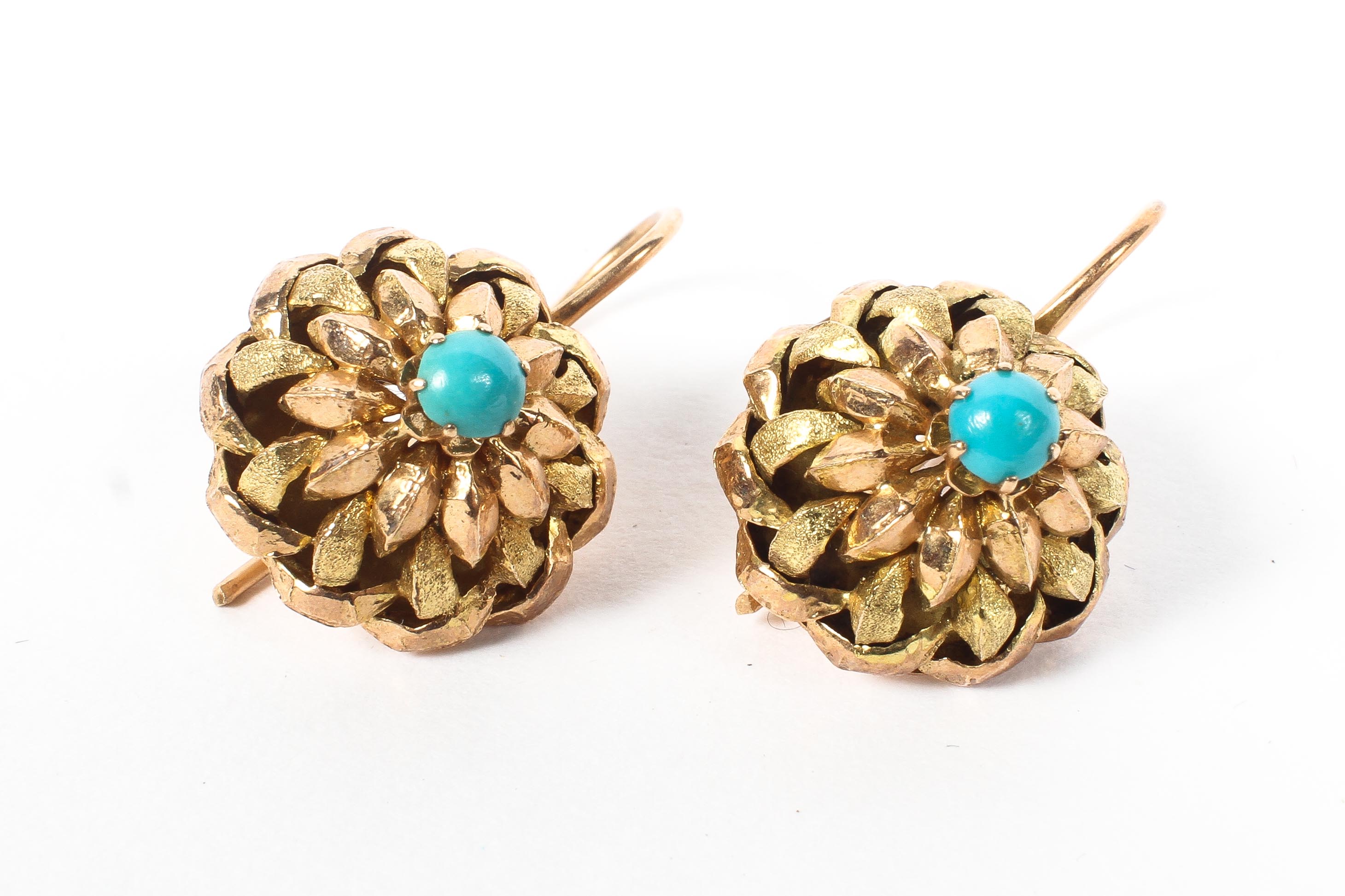 A pair of 14ct gold Etruscan style drop earrings each set with turquoise cabochon. 6.2g.