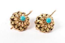 A pair of 14ct gold Etruscan style drop earrings each set with turquoise cabochon. 6.2g.