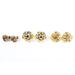Two pairs of 9ct gold stud earrings of knot design together with a similar unmarked yellow metal