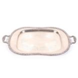 A large oval silver plated tray with loop handles and cast floral border. 63cm x 37cm.