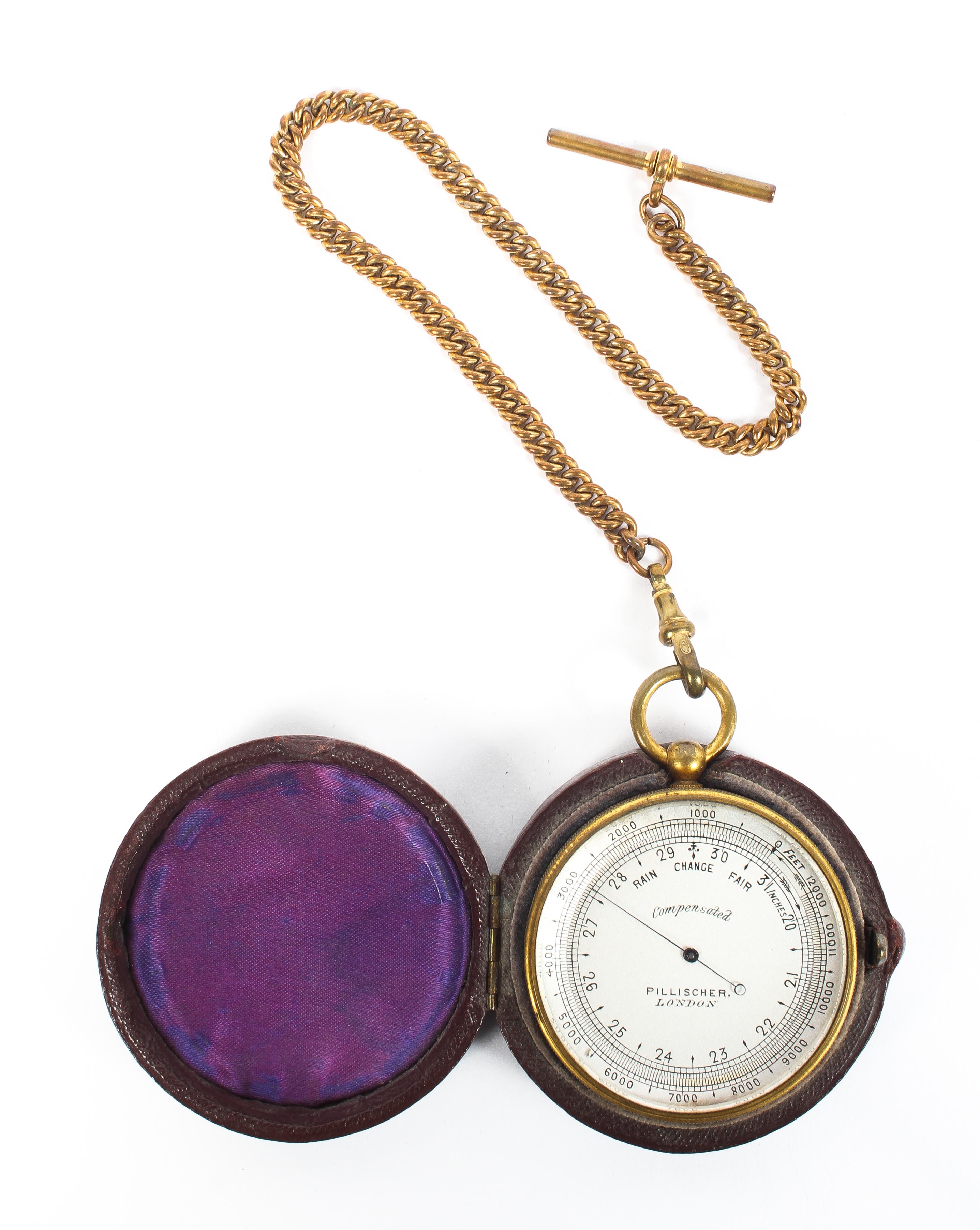 An early 20th century Pillischer (London) cased pocket barometer, marked 'Compensated',