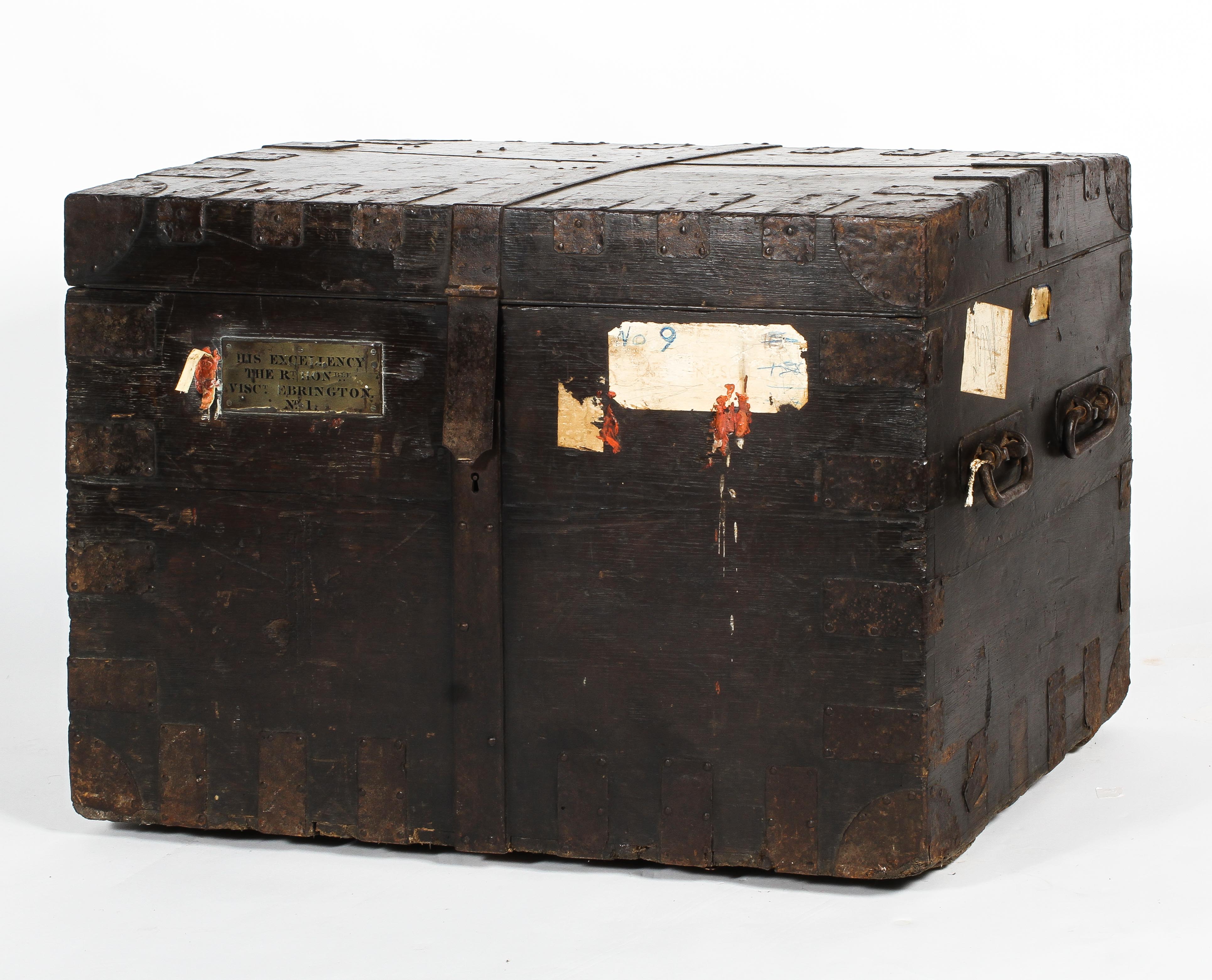 A large Victorian studded iron bound oak trunk,