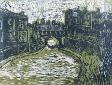 Kathe Strenitz woodcut (artist's proof), depicting a canal scene,