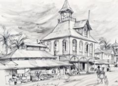 VLW Havilland, pen and ink drawing of a market scene with colonial buildings,