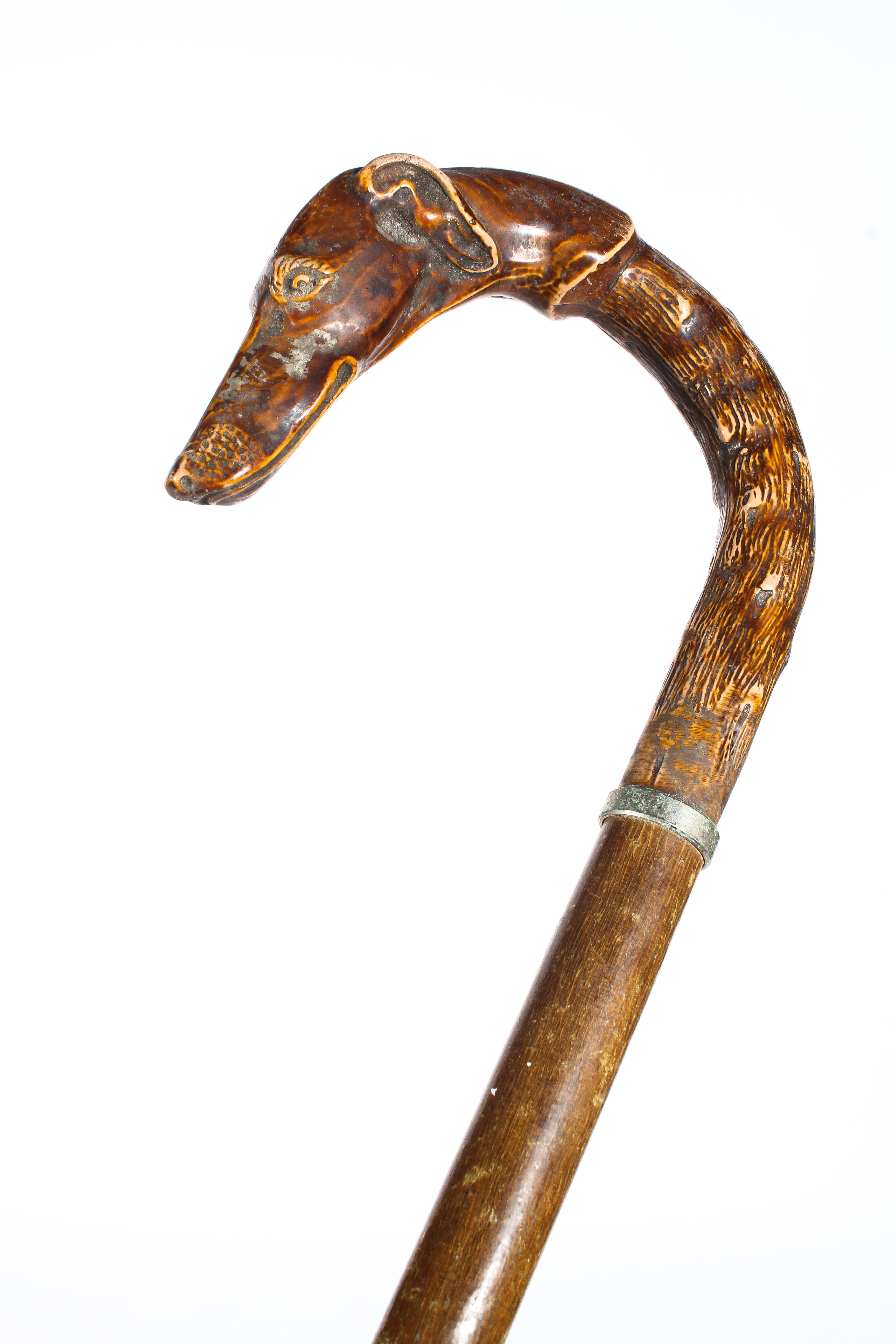 An early 20th century walking stick, the handle carved with a greyhound's head, - Image 2 of 2
