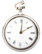 A George III silver pair cased open faced pocket watch with silver albert chain,