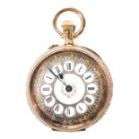 A Victorian ladies 14k gold fob watch, the ornate enamel dial with Roman numerals denoting hour,