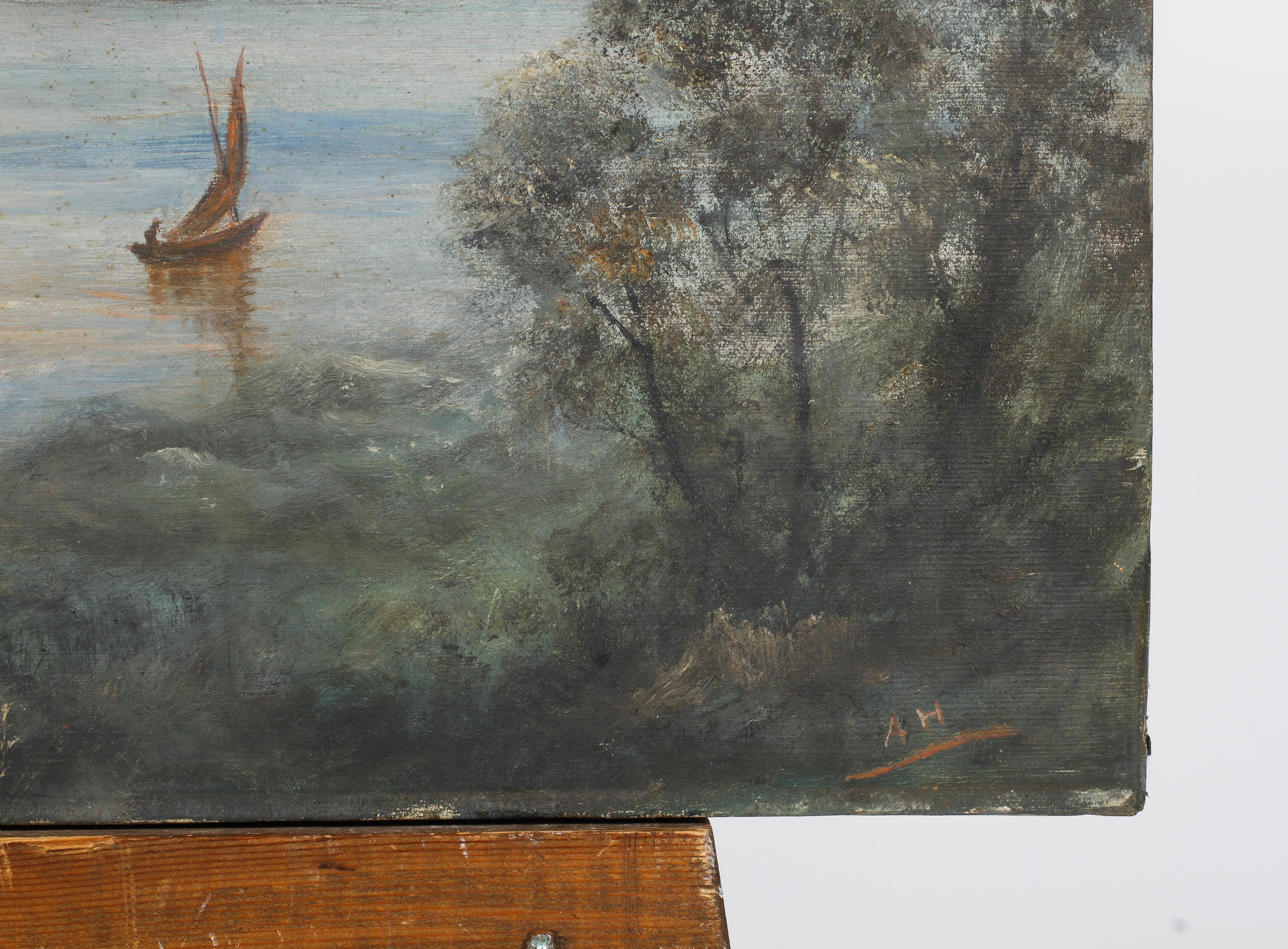 A 20th century oil on canvas, depicting a boat in a forested coastal scene, - Image 3 of 4
