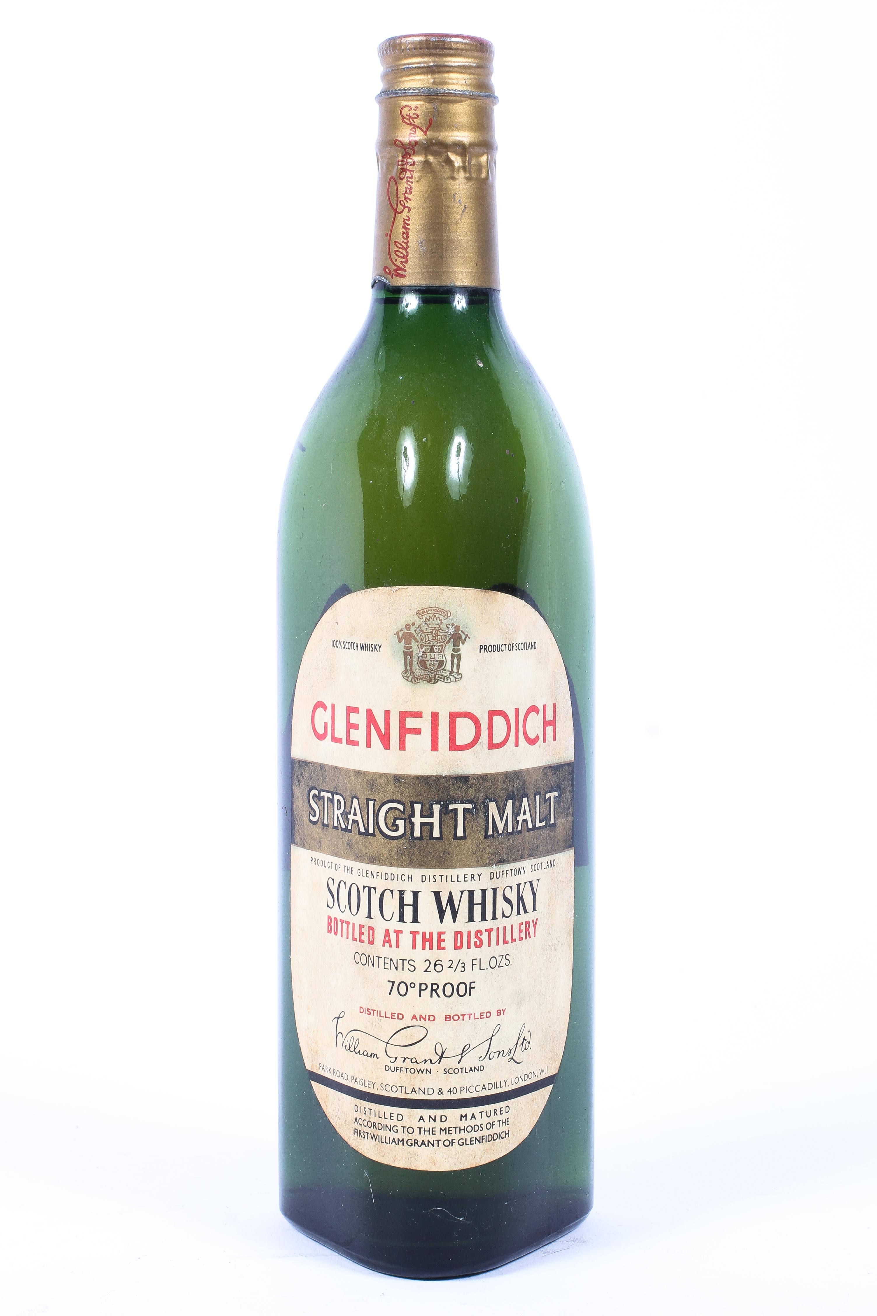 A bottle of Glenfiddich straight malt scotch whisky,