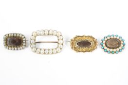 A collection of mourning jewellery to include a seed pearl and turquoise example,