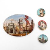 Four 19th century painted miniatures, one of oval form painted with a gateway to a port,