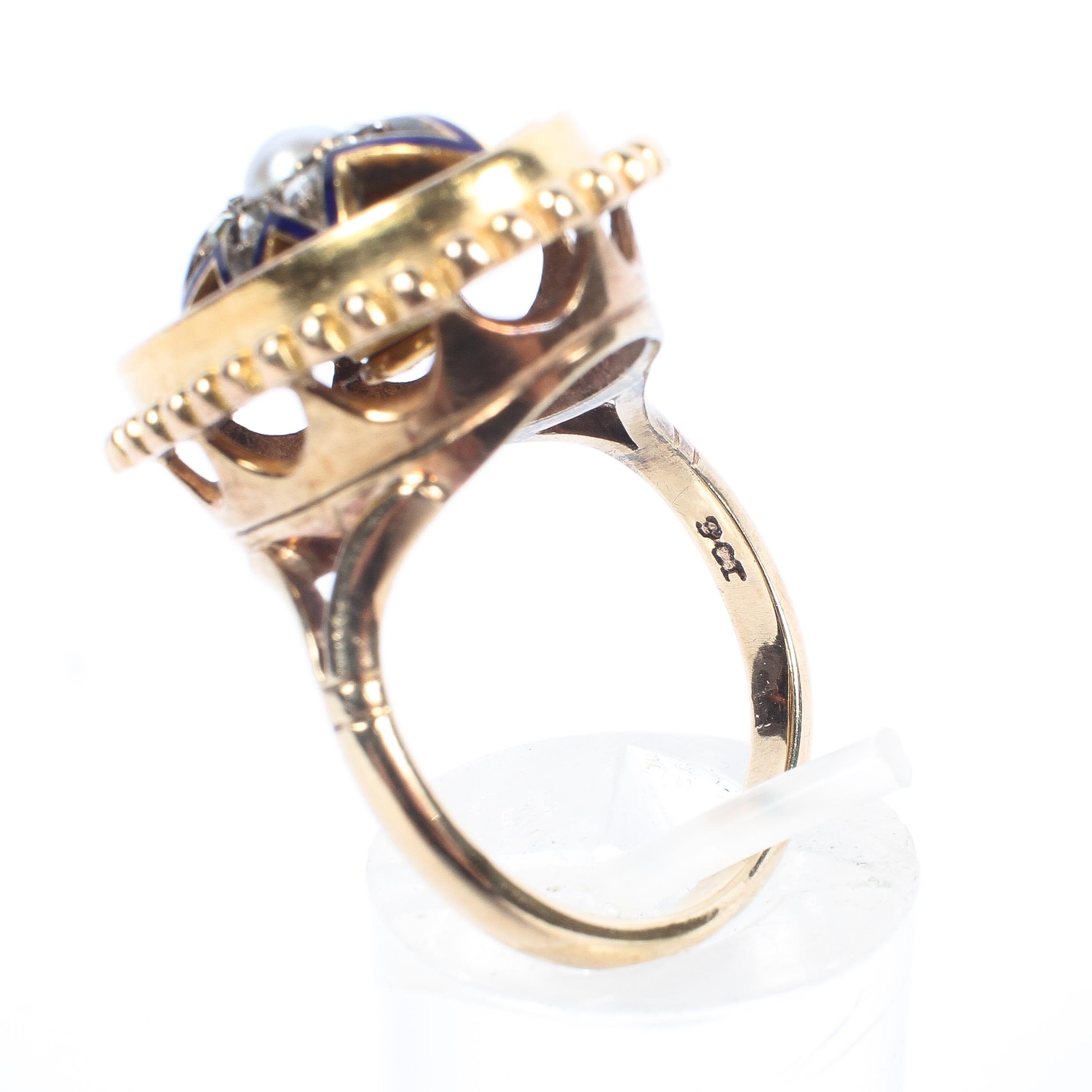 A Victorian 9ct gold ring, central pearl with a surround of rose cut diamonds and enamel detail. - Image 4 of 4