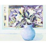 A 20th century oil on canvas of a still life of a vase of flowers in front of a window,