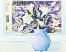 A 20th century oil on canvas of a still life of a vase of flowers in front of a window,