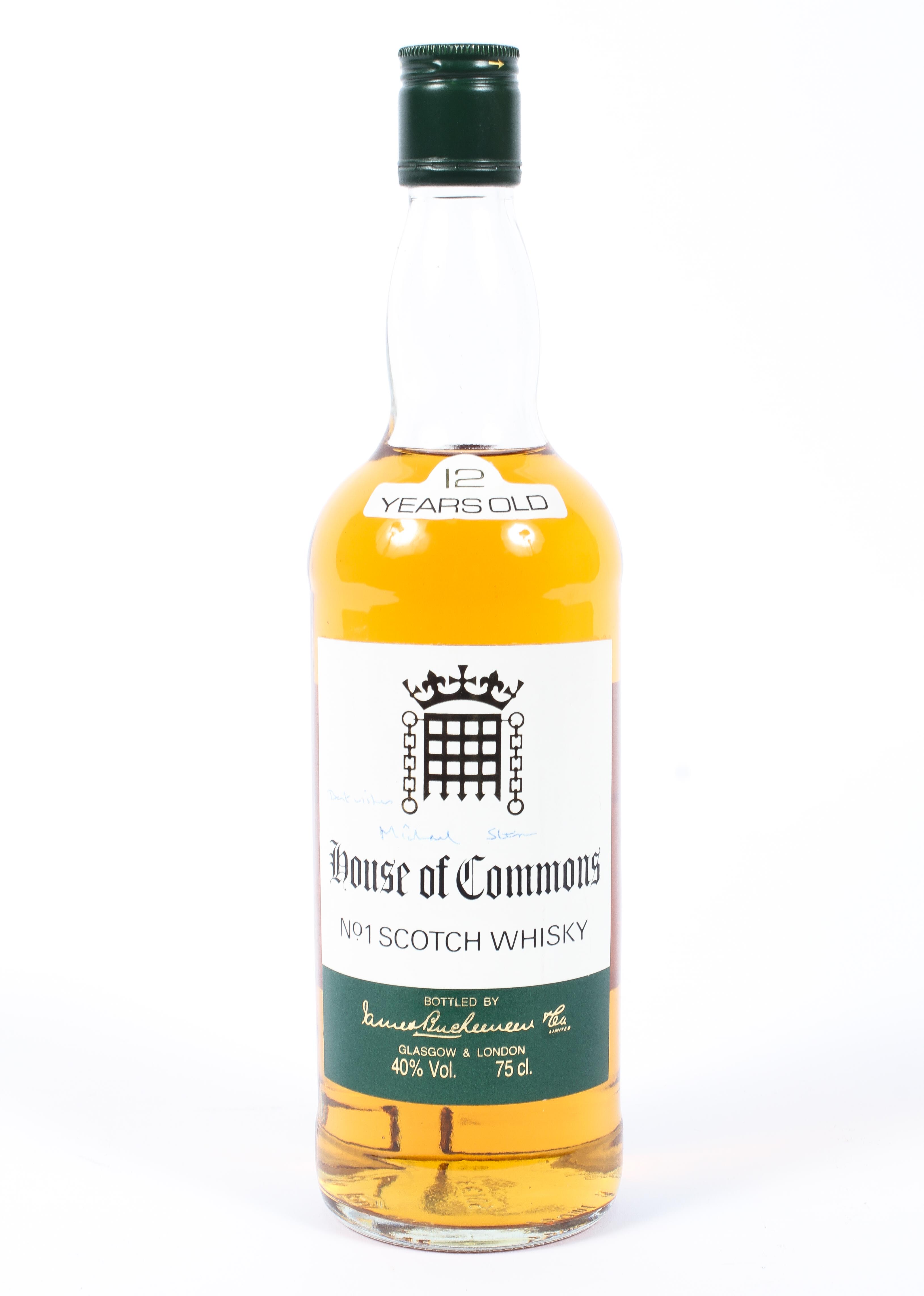 Whisky. A bottle of House of Commons No.1 Scotch whisky by James Buchanan Company, Glasgow.