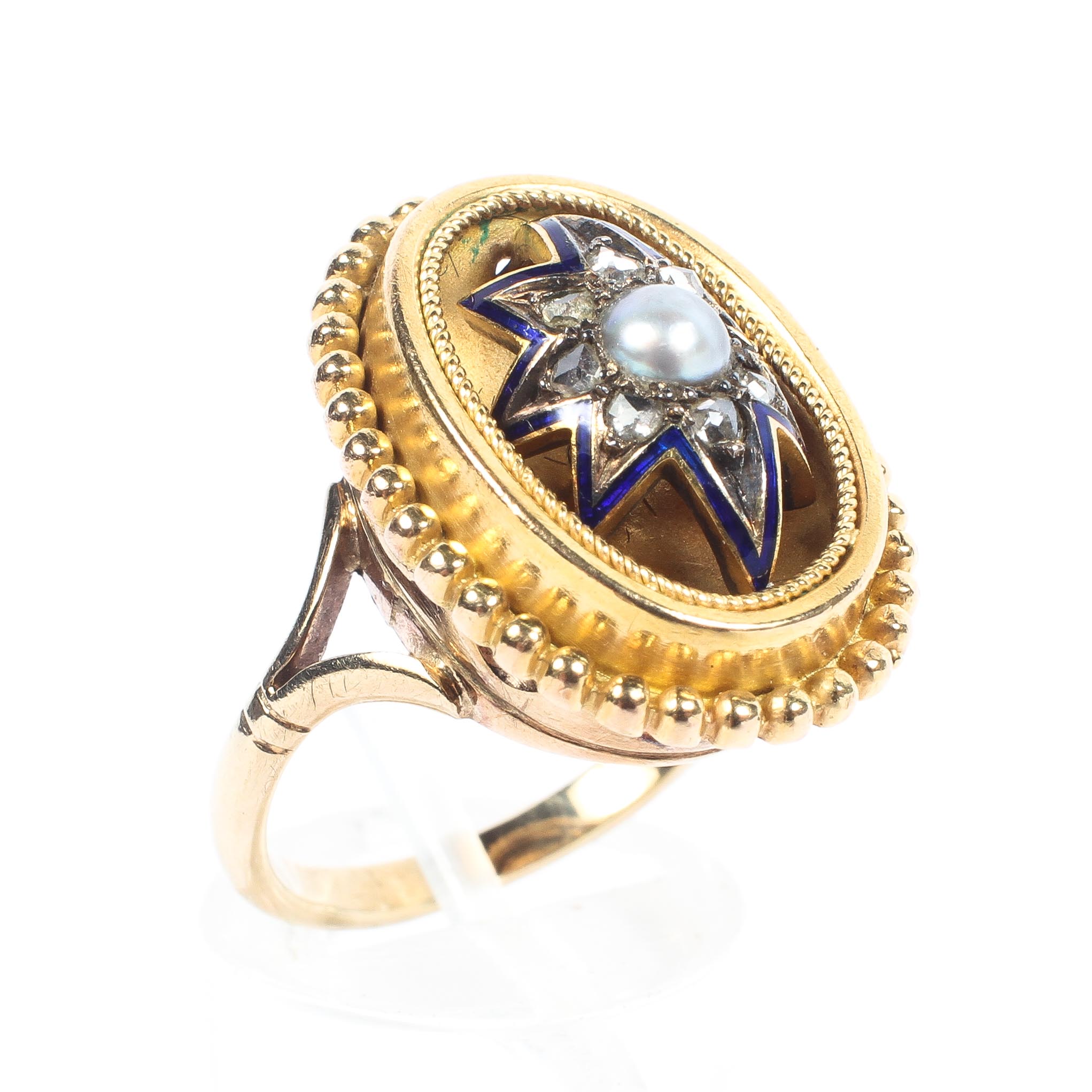 A Victorian 9ct gold ring, central pearl with a surround of rose cut diamonds and enamel detail.