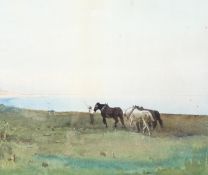 A late 19th century watercolour scene depicting a farmer ploughing with horses in coastal landscape,