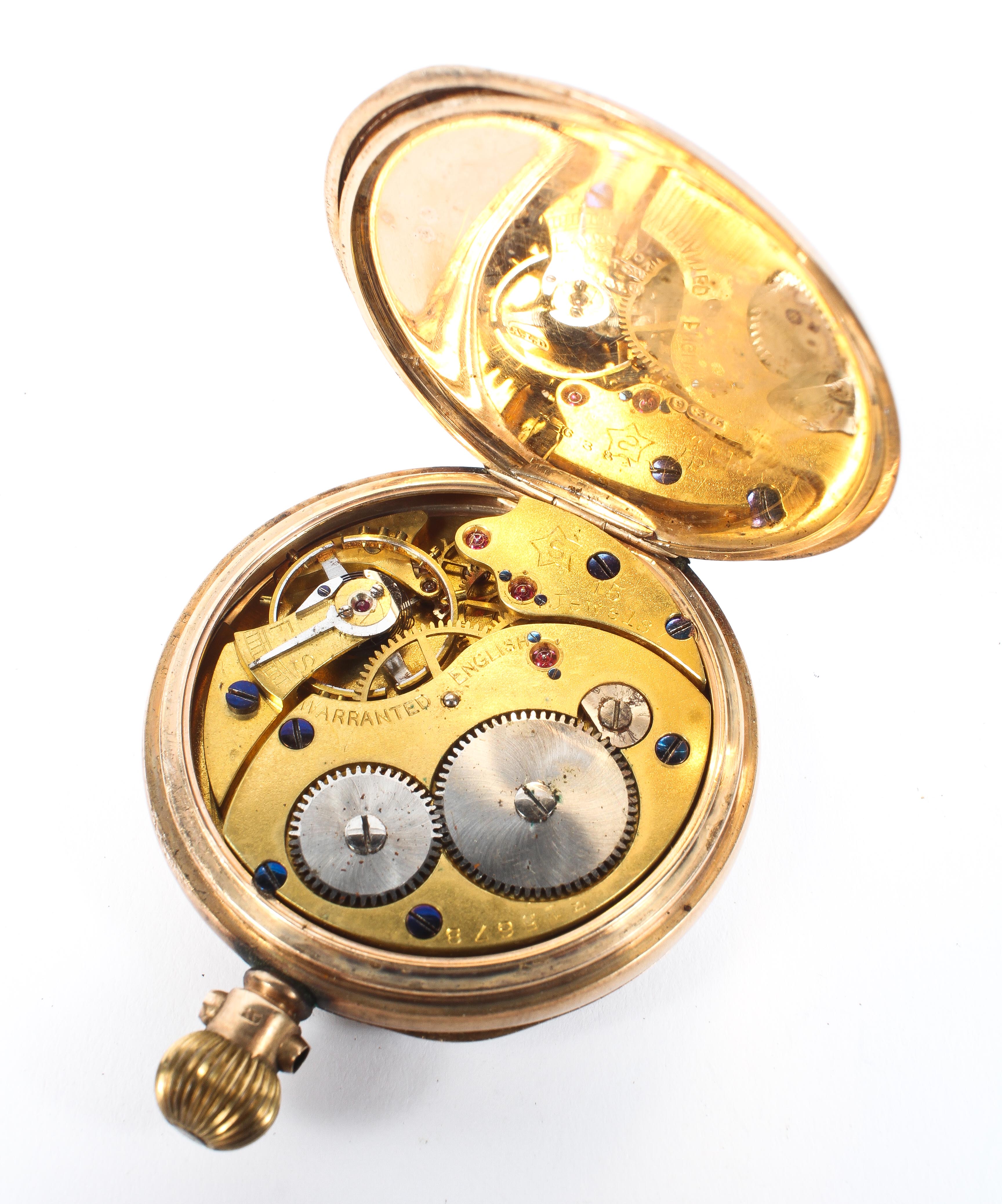 A 9ct gold cased open face pocket watch, the enamel dial with Roman numerals denoting hours, - Image 3 of 3