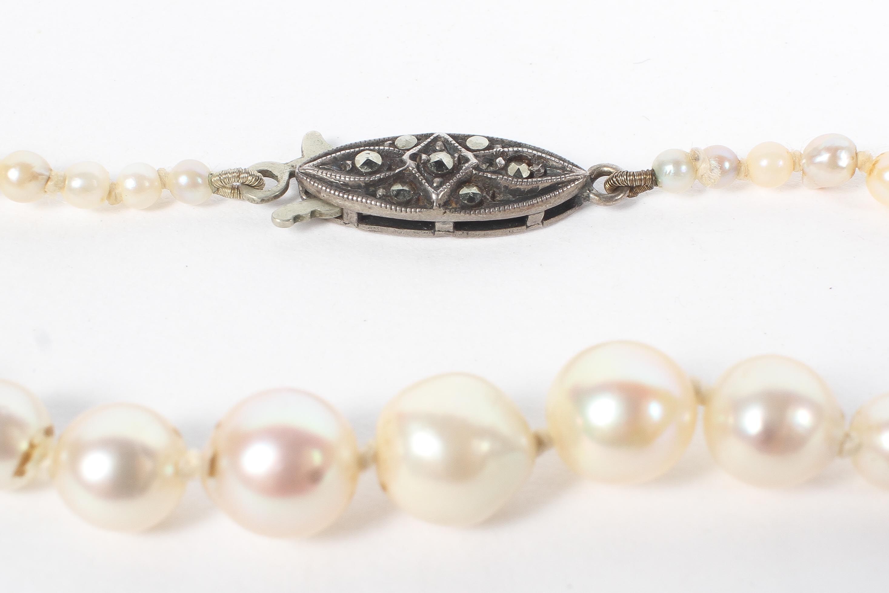 A strand of graduated cultured pearls an a marcasite clasp. 46cm. - Image 2 of 2