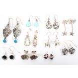 Ten pairs of sterling silver and white metal stamped 925 earrings. 22g.