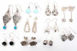 Ten pairs of sterling silver and white metal stamped 925 earrings. 22g.