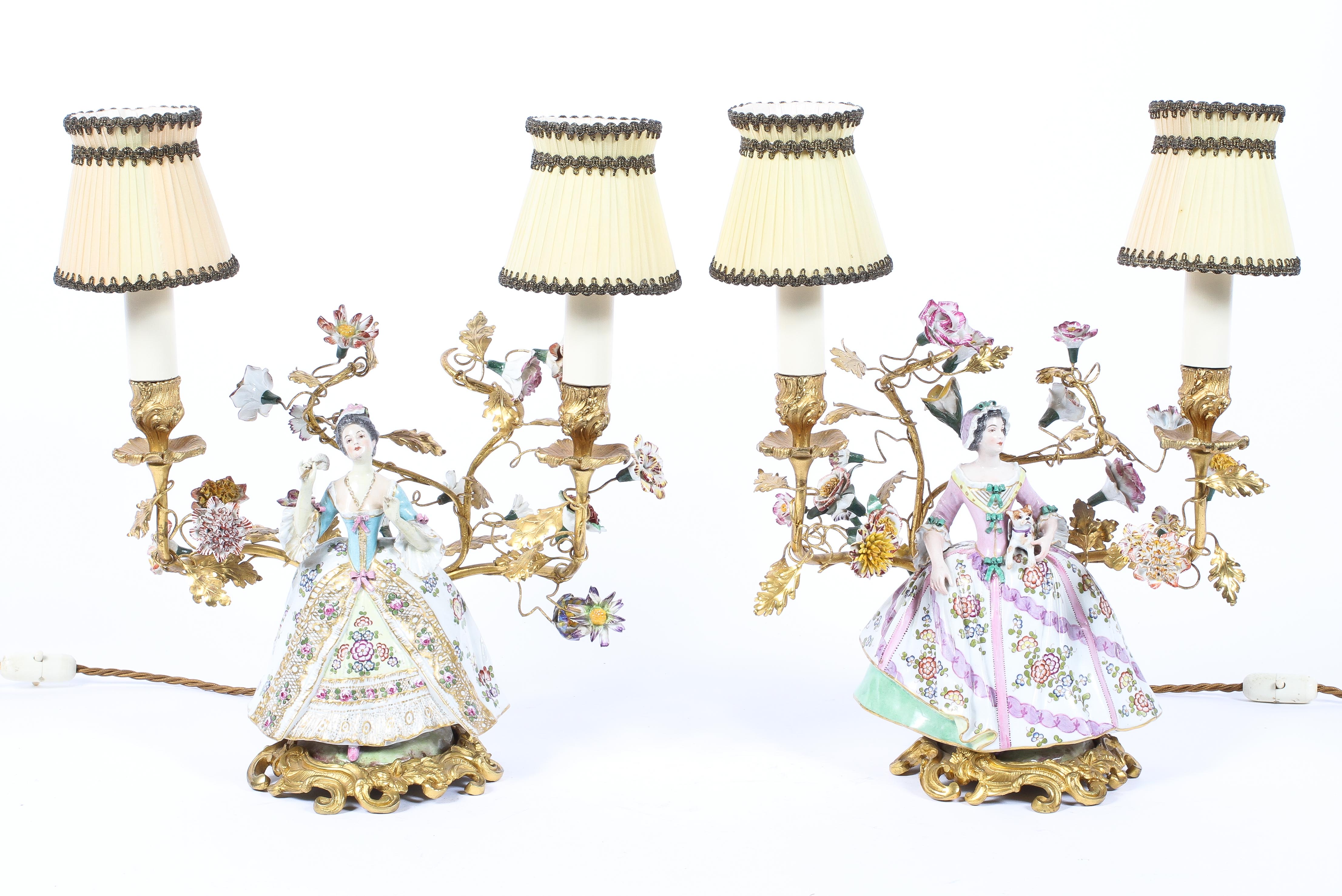 A pair of gilt metal and Continental porcelain twin-light candelabra, - Image 2 of 15