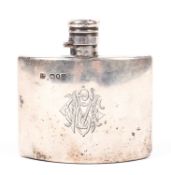 A late Victorian silver hip flask of crescent form, engraved initial to front,