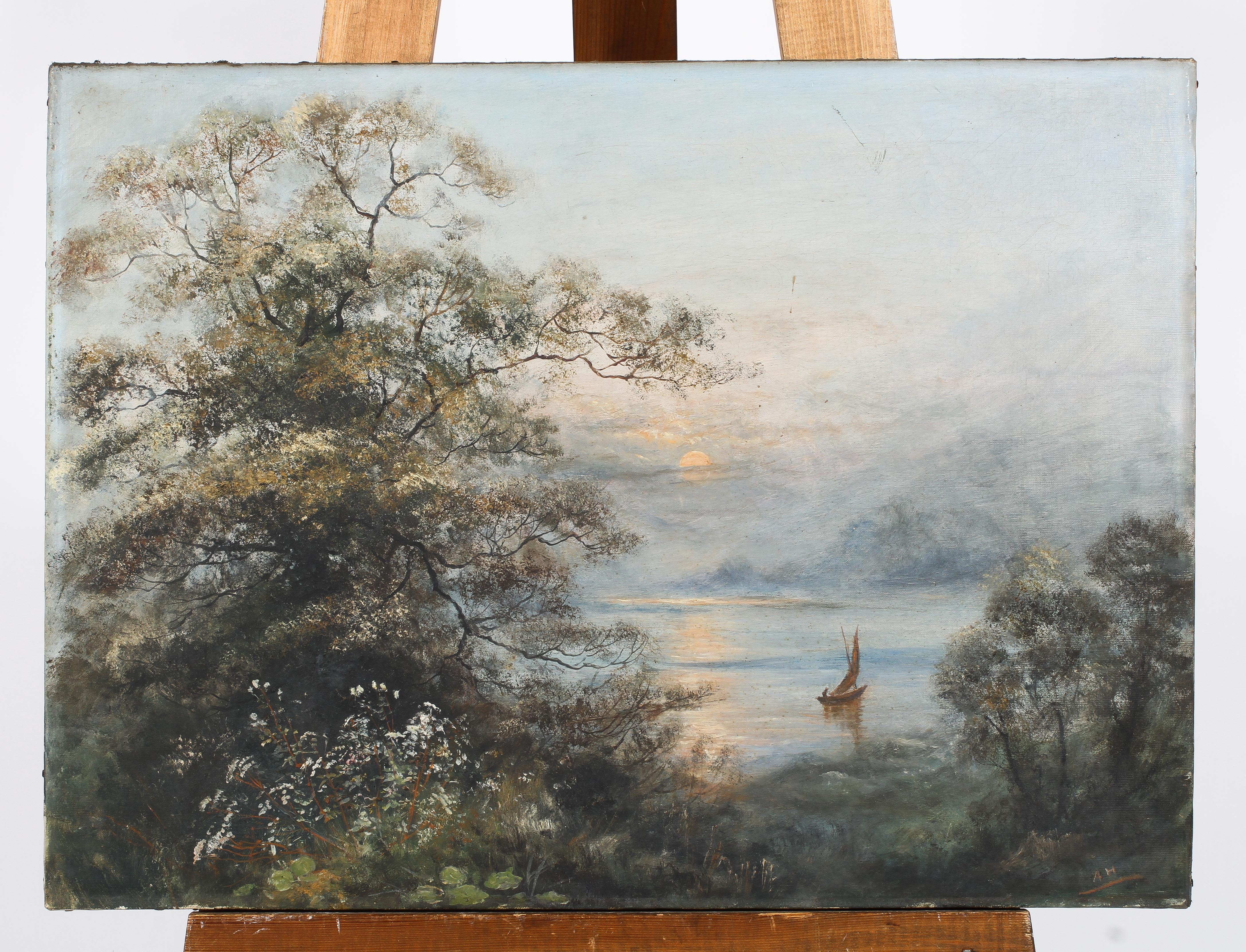 A 20th century oil on canvas, depicting a boat in a forested coastal scene, - Image 2 of 4