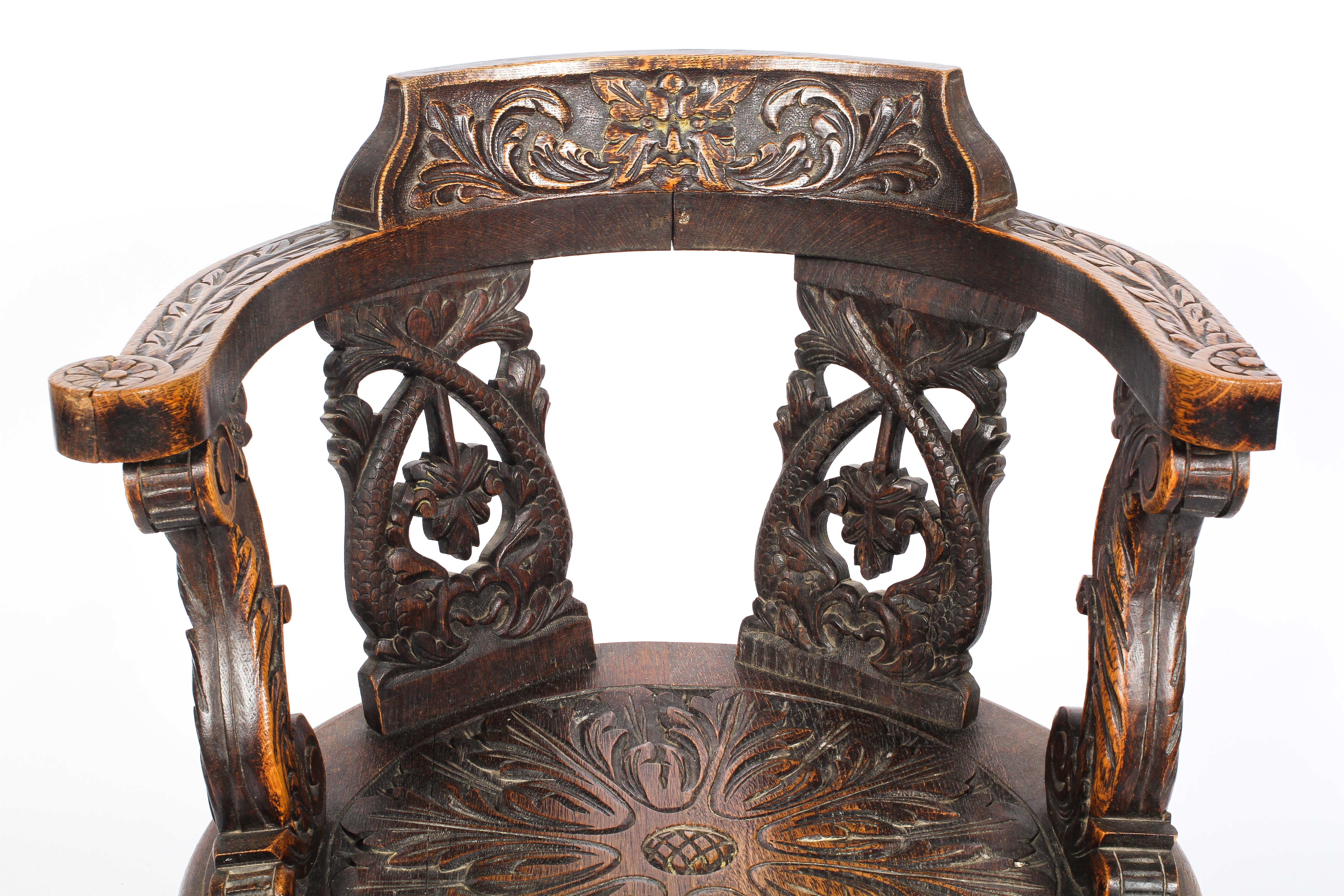 An oak corner chair, having a foliate carved bow crest rail, - Image 3 of 3