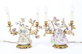 A pair of gilt metal and Continental porcelain twin-light candelabra,