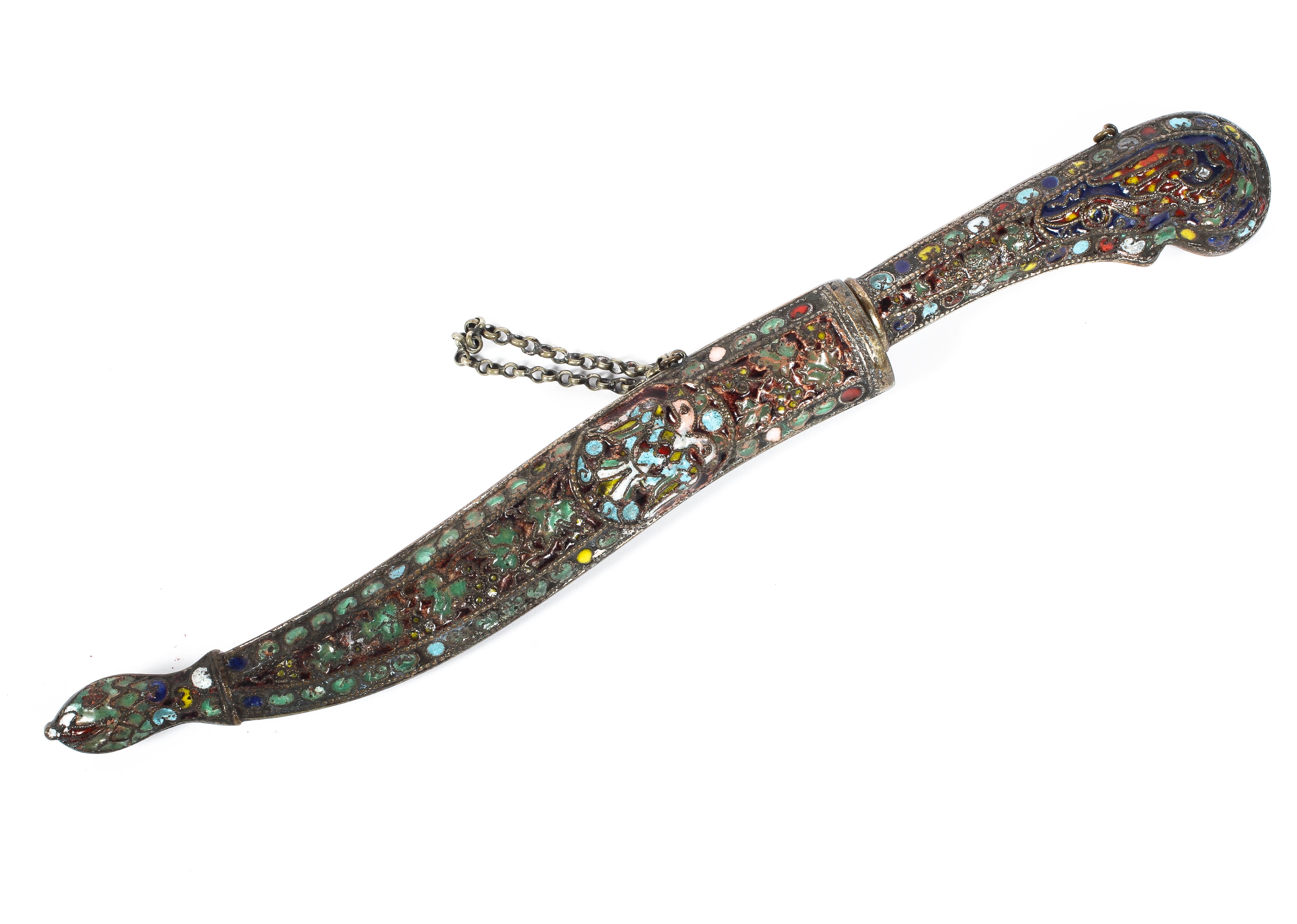 A mid 20th Century champleve enamelled paper knife in the form of a dagger and scabbard - Image 3 of 3