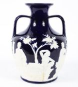 A Staffordshire porcelain blue ground copy of the Portland Vase, 19th century,