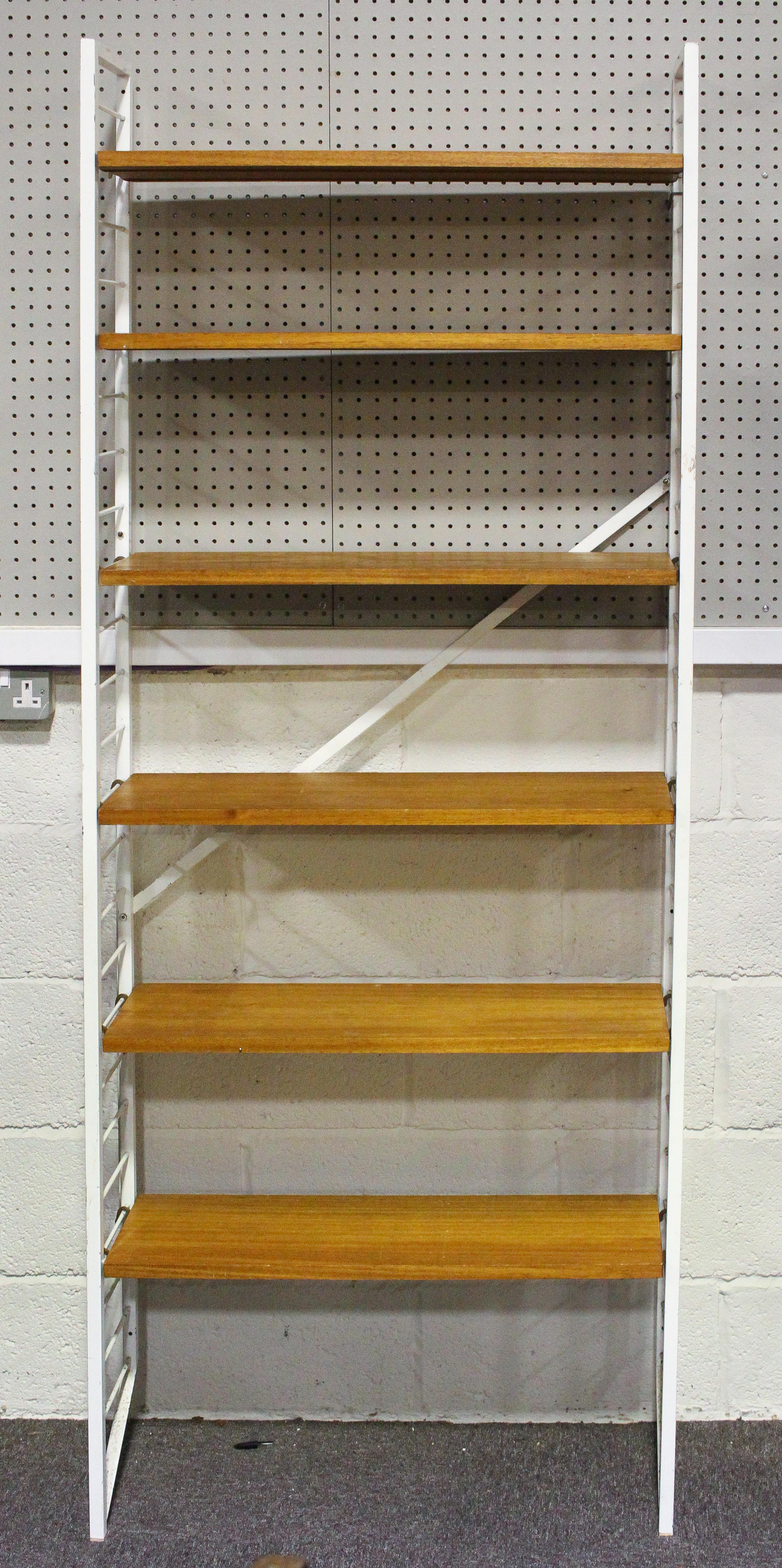 A set of Staples Ladderax shelving unit with white ladder supports and six teak shelves, - Image 2 of 2