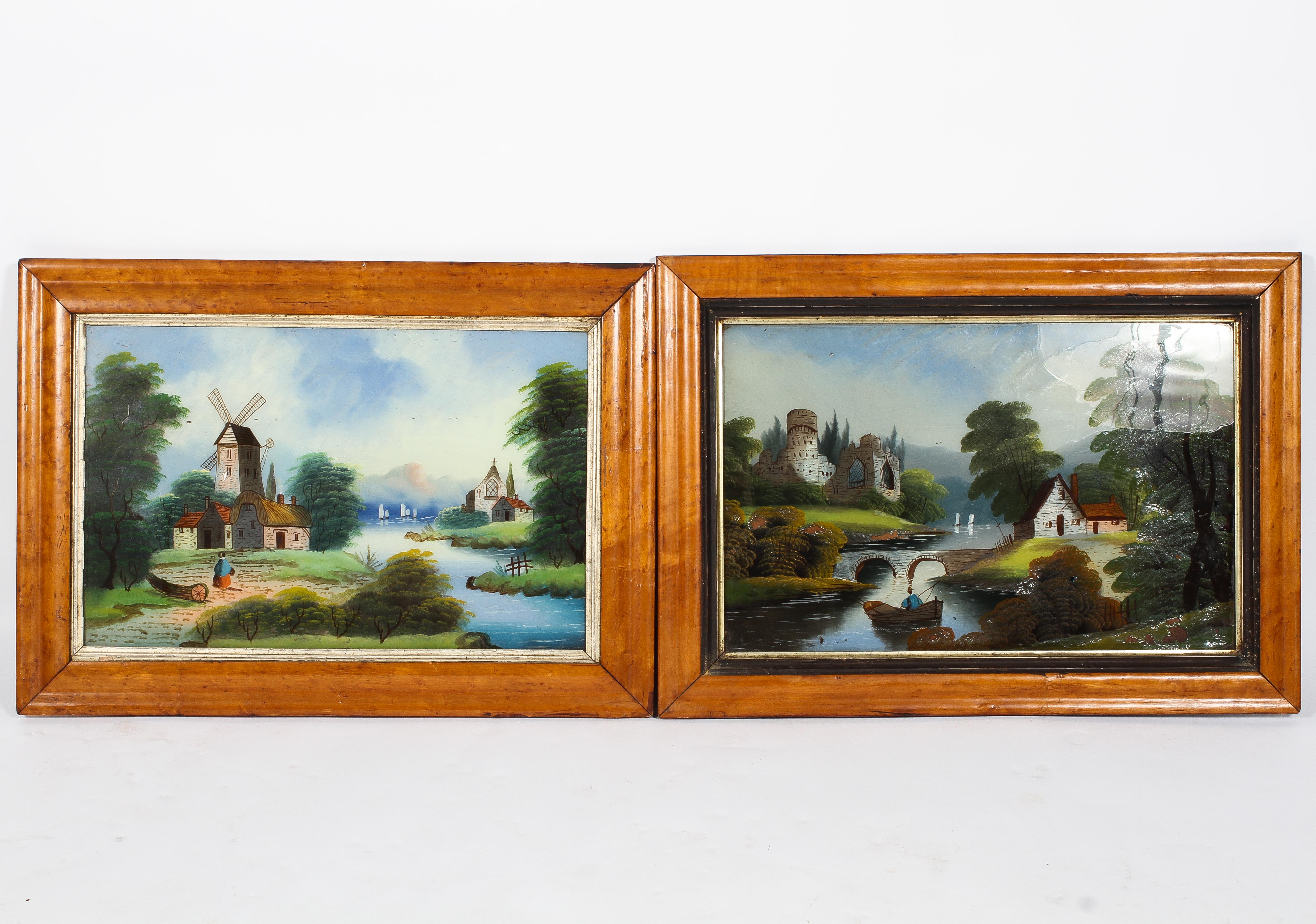 Two late 19th/early 20th century reverse glass paintings of country scenes,