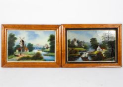 Two late 19th/early 20th century reverse glass paintings of country scenes,