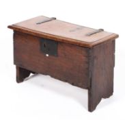 An oak six plank small chest, with strap iron hinges and lockplate, 17th/18th century,