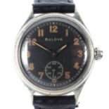 An early Bulova 10AK wristwatch, the black dial with arabic numerals denoting hours,