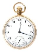 A 9ct gold cased open faced pocket watch, the enamel dial with Arabic numerals denoting hours,