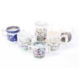 Six Staffordshire pottery mugs, including four 'God Speed the Plough' mugs,