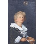 An overpainted oil on card print, depicting a Victorian boy blowing bubbles, 56cm x 39cm,