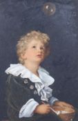 An overpainted oil on card print, depicting a Victorian boy blowing bubbles, 56cm x 39cm,