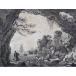 A 19th century etching print of a classical coastal scene with figures bathing