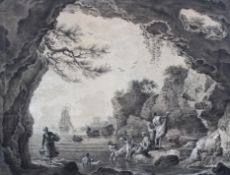 A 19th century etching print of a classical coastal scene with figures bathing